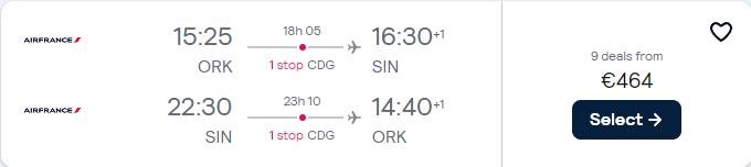 Cheap flights from Cork, Ireland to Singapore for only €464 roundtrip with Air France. Flight deal ticket image.