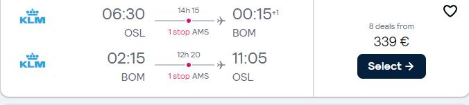 Cheap flights from Oslo, Norway to Mumbai or Delhi, India from only €339 roundtrip with KLM. Flight deal ticket image.