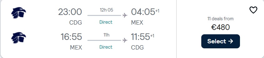Non-stop flights from Paris, France to Mexico City, Mexico for only €480 roundtrip with Aeromexico. Flight deal ticket image.