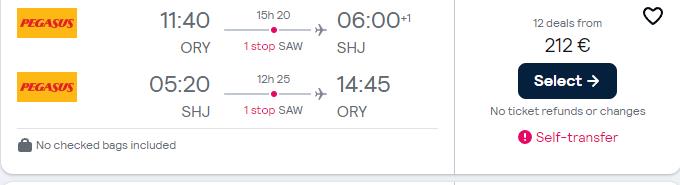 Click here to book this cheap flight deal. Cheap flights from Paris, France to Sharjah, UAE for only €212 roundtrip. Flight deal ticket image.