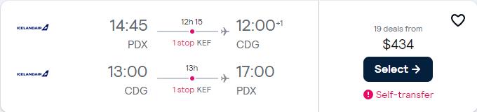 Cheap flights from Portland, Oregon to Paris, France for only $434 roundtrip. Flight deal ticket image.