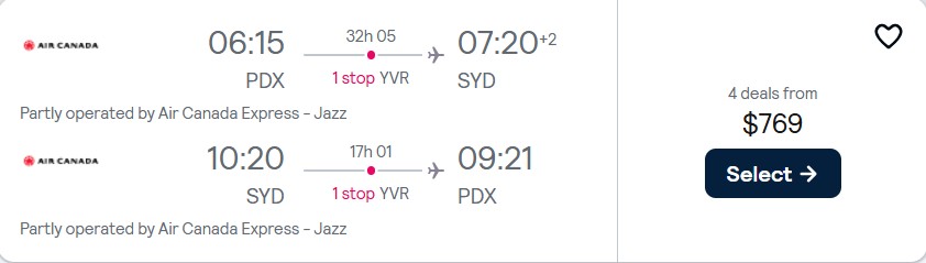 Click here to book this cheap flight deal. Cheap flights from Portland, Oregon to Sydney, Australia for only $769 roundtrip with Air Canada. Flight deal ticket image.