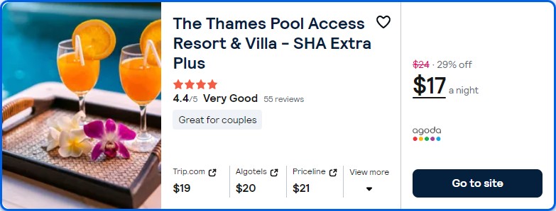 Click here to book this cheap flight deal. Stay at the 4* The Thames Pool Access Resort & Villa - SHA Extra Plus in Phuket, Thailand for only $17 USD per night. Flight deal ticket image.