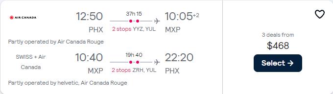 Cheap flights from Phoenix, Arizona to Milan or Rome, Italy from only $468 roundtrip with Air Canada and Swiss International Air Lines. Flight deal ticket image.