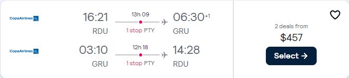 Cheap flights from Raleigh, North Carolina to Sao Paulo, Brazil for only $457 roundtrip with Copa Airlines. Flight deal ticket image.