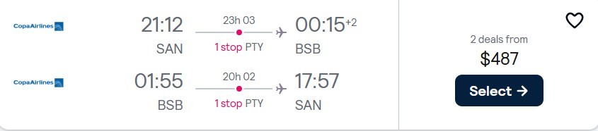Click here to book this cheap flight deal. Cheap flights from San Diego to Brasilia, Brazil for only $487 roundtrip with Copa Airlines. Flight deal ticket image.