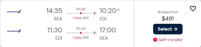 Click here to book this cheap flight deal. Cheap flights from Seattle to Edinburgh, Scotland for only $491 roundtrip. Flight deal ticket image.