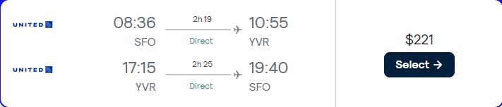 Non-stop, summer flights from San Francisco to Vancouver, Canada for only $221 roundtrip with United Airlines. Flight deal ticket image.