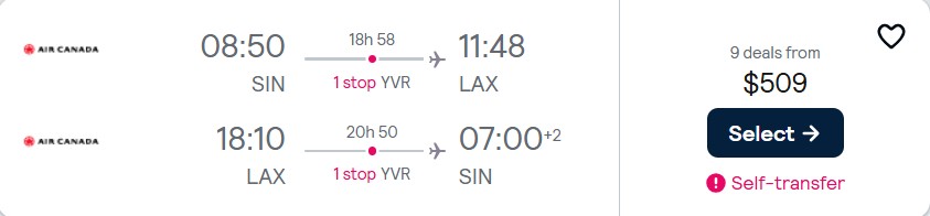Click here to book this cheap flight deal. Cheap flights from Singapore to Los Angeles, USA for only $509 USD roundtrip with Air Canada. Flight deal ticket image.