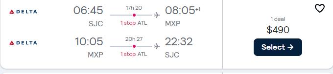 Cheap flights from San Jose, California to Milan, Italy for only $490 roundtrip with Delta Air Lines. Flight deal ticket image.