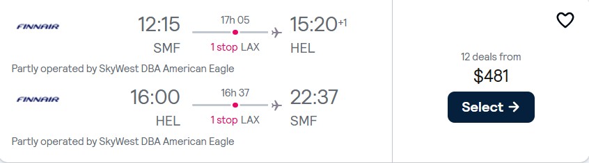 Click here to book this cheap flight deal. Cheap flights from Sacramento, California to Helsinki, Finland for only $481 roundtrip with American Airlines and Finnair. Flight deal ticket image.