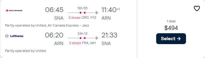 Summer flights from Santa Ana, California to Stockholm, Sweden for only $494 roundtrip with United Airlines, Air Canada and Lufthansa. Flight deal ticket image.