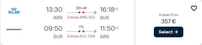 Cheap flights from Stockholm, Sweden to Burbank, California for only €357 roundtrip with KLM, Delta Air Lines and Air France. Flight deal ticket image.