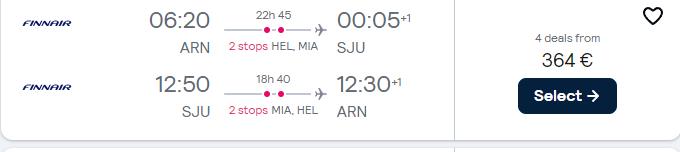 Click here to book this cheap flight deal. Cheap flights from Stockholm, Sweden to San Juan, Puerto Rico for only €364 roundtrip with Finnair and American Airlines. Flight deal ticket image.