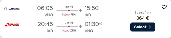 Click here to book this cheap flight deal. Cheap flights from Vilnius, Lithuania to Washington DC, USA for only €364 roundtrip with Lufthansa and Swiss International Air Lines. Flight deal ticket image.