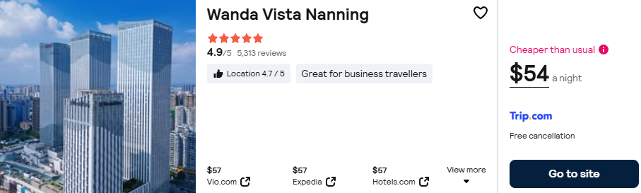 Click here to book this cheap flight deal. Stay at the 5 Stars* Wanda Vista Nanning in Nanning, China for only $54 USD per night. Flight deal ticket image.
