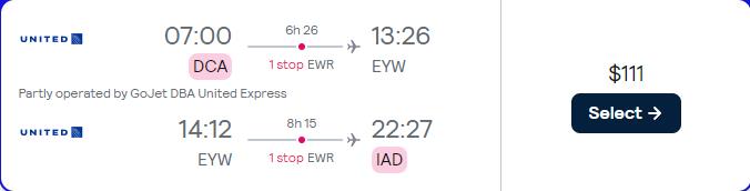 Summer flights from Washington DC to Key West, Florida for only $111 roundtrip with United Airlines. Also works in reverse. Flight deal ticket image.