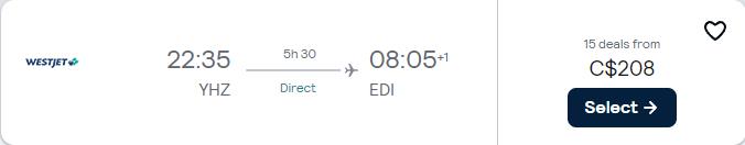 Click here to book this cheap flight deal. Non-stop, last minute flights from Halifax, Canada to Edinburgh, Scotland for only $208 CAD one-way. Flight deal ticket image.