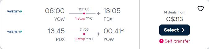 Summer flights from Ottawa, Canada to Portland, Oregon for only $313 CAD roundtrip. Flight deal ticket image.
