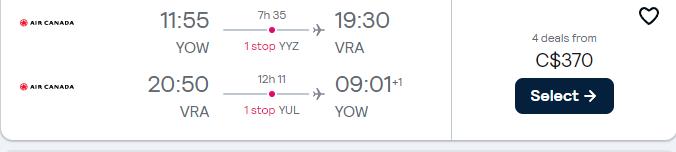 Cheap flights from Ottawa, Canada to Varadero, Cuba for only $370 CAD roundtrip with Air Canada. Flight deal ticket image.