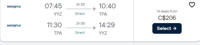 Non-stop flights from Toronto, Canada to Tampa, Florida for only $206 CAD roundtrip. Flight deal ticket image.