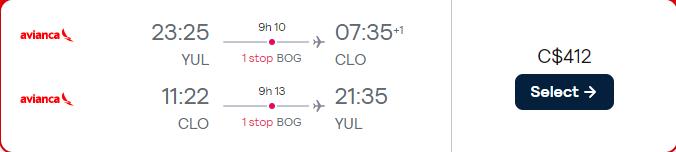 Cheap flights from Montreal, Canada to Cali, Colombia for only $412 CAD roundtrip with Avianca. Flight deal ticket image.