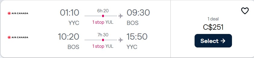 Click here to book this cheap flight deal. Cheap flights from Calgary, Canada to Boston, USA for only $251 CAD roundtrip with Air Canada. Flight deal ticket image.