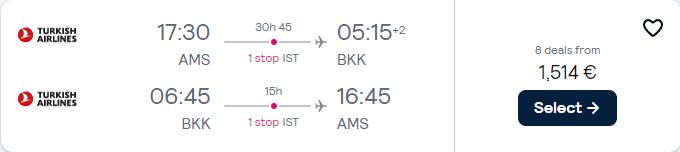 Business Class flights from Amsterdam, Netherlands to Bangkok, Thailand for only €1514 roundtrip with Turkish Airlines. Flight deal ticket image.