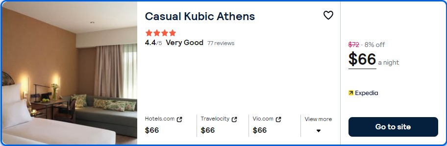 Click here to book this cheap flight deal. Stay at the 4* Casual Kubic Athens in Athens, Greece for only $66 USD per night. Flight deal ticket image.