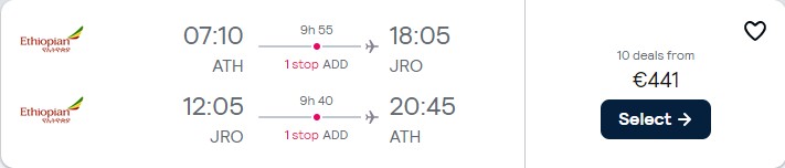 Click here to book this cheap flight deal. Cheap flights from Athens, Greece to Kilimanjaro, Tanzania for only €441 roundtrip. Flight deal ticket image.