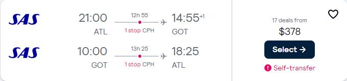 Cheap flights from Atlanta to Gothenburg or Stockholm, Sweden from only $378 roundtrip with Scandinavian Airlines. Flight deal ticket image.