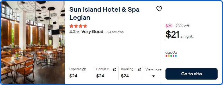 Stay at the 4* Sun Island Hotel & Spa Legian in Bali, Indonesia for only $21 USD per night. Flight deal ticket image.