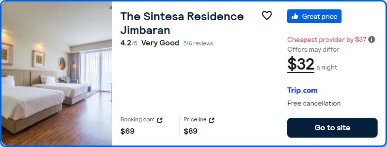 Click here to book this cheap flight deal. Stay at the The Sintesa Residence Jimbaran in Bali, Indonesia for only $32 USD per night. Flight deal ticket image.