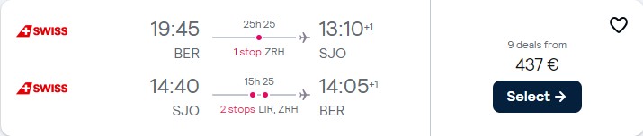 Click here to book this cheap flight deal. Cheap flights from Berlin, Germany to San Jose, Costa Rica for only €437 roundtrip with Swiss International Air Lines. Flight deal ticket image.