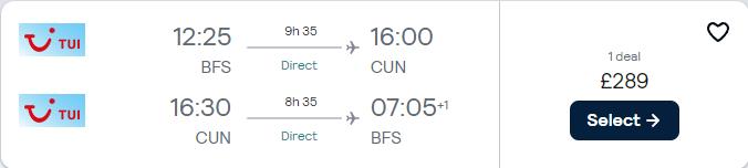 Non-stop, summer, last minute flights from Belfast, UK to Cancun, Mexico for only £289 roundtrip. Flight deal ticket image.