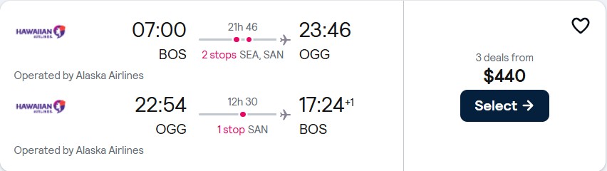 Cheap flights from Boston to Kahului, Hawaii for only $440 roundtrip with Alaska Airlines. Also works in reverse. Flight deal ticket image.