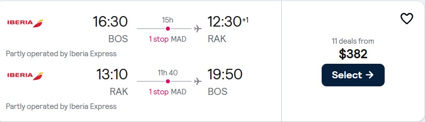 Cheap flights from Boston to Marrakesh, Morocco for only $382 roundtrip with Iberia. Flight deal ticket image.