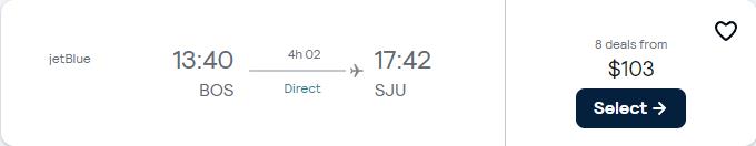 Non-stop, summer flights from Boston to San Juan, Puerto Rico for only $104 one-way with JetBlue. Flight deal ticket image.