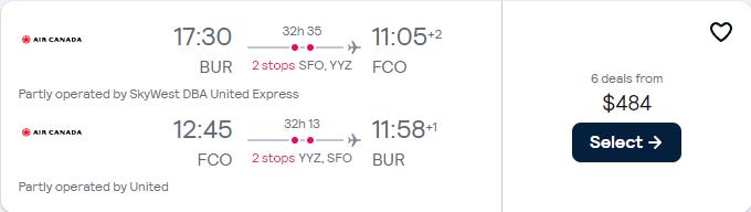 Click here to book this cheap flight deal. Cheap flights from Burbank, California to Rome, Italy for only $484 roundtrip with United Airlines and Air Canada. Flight deal ticket image.
