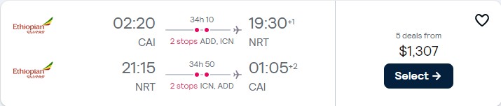 Click here to book this cheap flight deal. Business Class flights from Cairo, Egypt to Tokyo, Japan for only $1307 USD roundtrip. Flight deal ticket image.