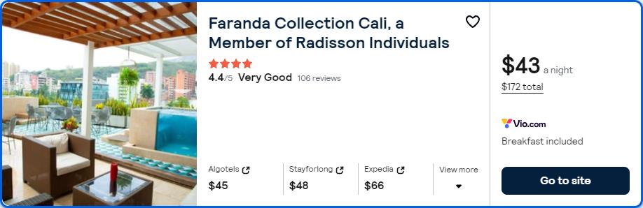 Stay at the 4* Faranda Collection Cali, a Member of Radisson Individuals in Cali, Colombia for only $43 USD per night. Flight deal ticket image.