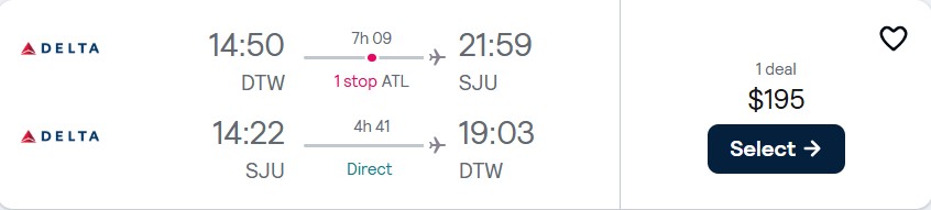 Click here to book this cheap flight deal. Cheap flights from Detroit to San Juan, Puerto Rico for only $195 roundtrip with Delta Air Lines. Flight deal ticket image.