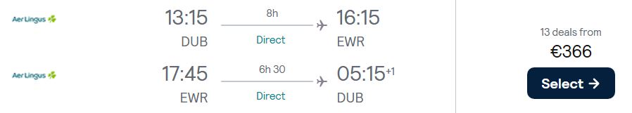 Click here to book this cheap flight deal. Non-stop flights from Dublin or Shannon, Ireland to US cities from only €366 roundtrip with Aer Lingus. Flight deal ticket image.