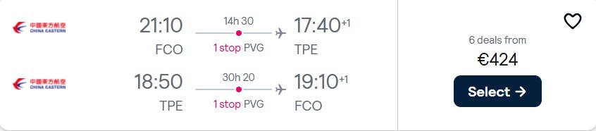 Click here to book this cheap flight deal. Cheap flights from Rome, Italy to Taipei, Taiwan for only €424 roundtrip. Flight deal ticket image.