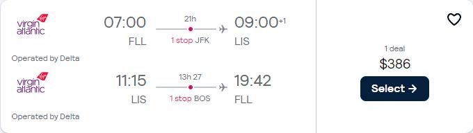 Click here to book this cheap flight deal. Cheap flights from Fort Lauderdale to Lisbon, Portugal for only $386 roundtrip with Delta Air Lines. Flight deal ticket image.