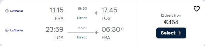Click here to book this cheap flight deal. Non-stop flights from Frankfurt, Germany to Lagos, Nigeria for only €464 roundtrip with Lufthansa. Flight deal ticket image.