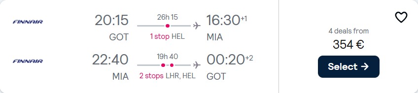 Cheap flights from Gothenburg, Sweden to Miami, USA for only €354 roundtrip with Finnair and American Airlines. Flight deal ticket image.