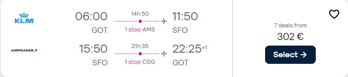 Cheap flights from Gothenburg, Sweden to San Francisco, USA for only €302 roundtrip with KLM and Air France. Flight deal ticket image.