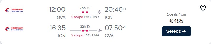 Cheap flights from Geneva, Switzerland to Seoul, South Korea for only €485 roundtrip. Flight deal ticket image.