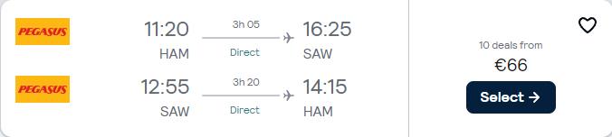 Non-stop flights from German cities to Istanbul, Turkey from only €66 roundtrip. Flight deal ticket image.
